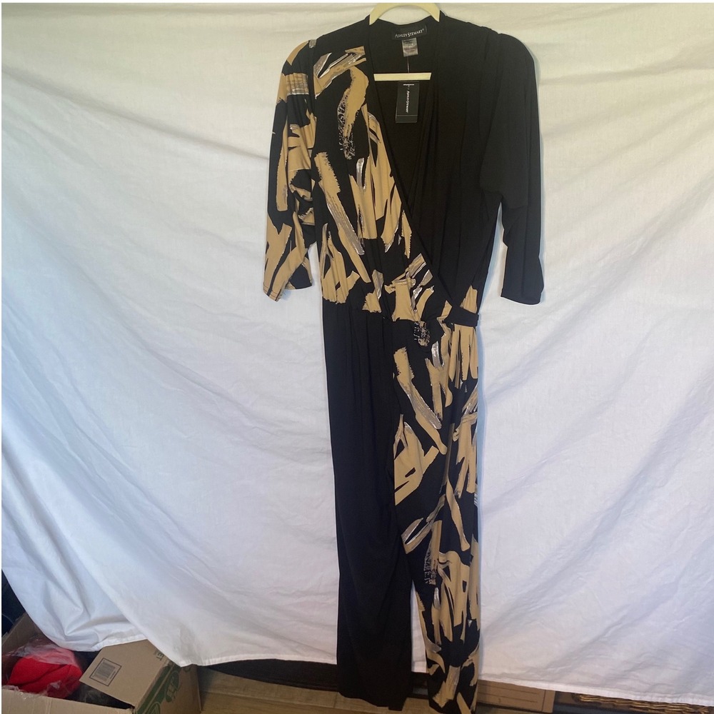 Ashley Stewart Women Black Beige Abstract Wrap Jumpsuit Size 18/20 NEW